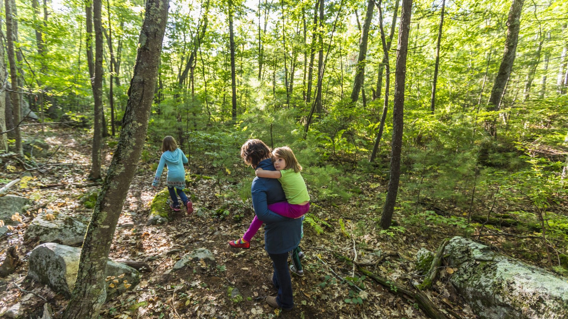 A woman and her kids hike a forest trail at the Kenyon Hill preserve in South Berwick, Maine.